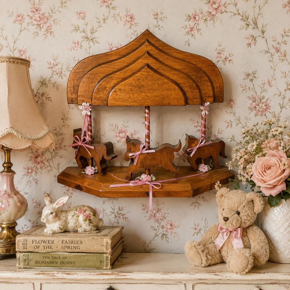 VTg Wooden Carousel Horse Wall Decor Pink Ribbon Roses 1980s Country Folk Art